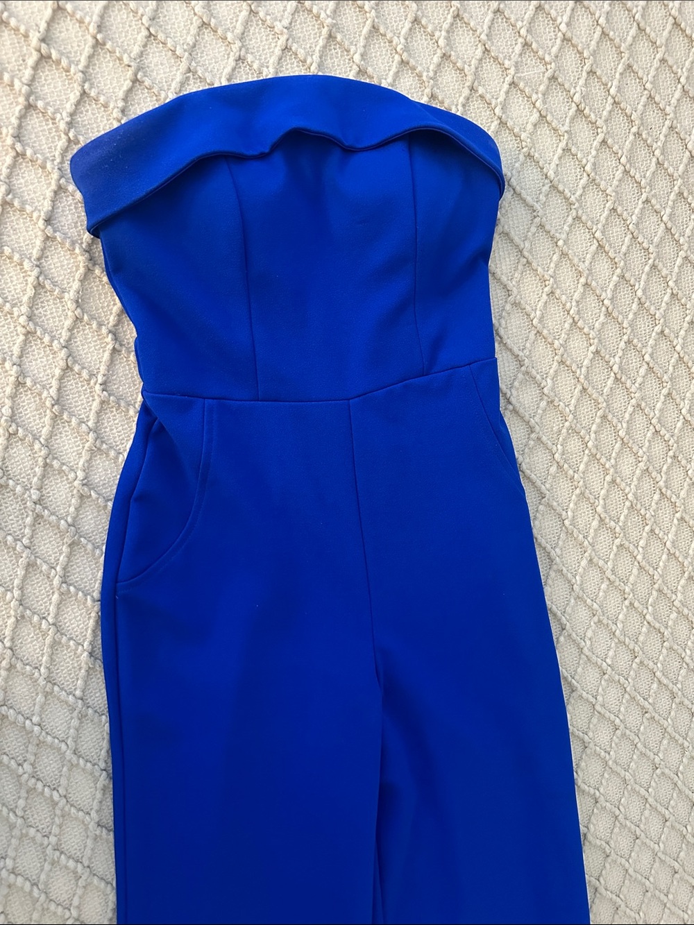 Womens Strapless Royal Blue One-Piece Bodysuit with Ruffle Neckline